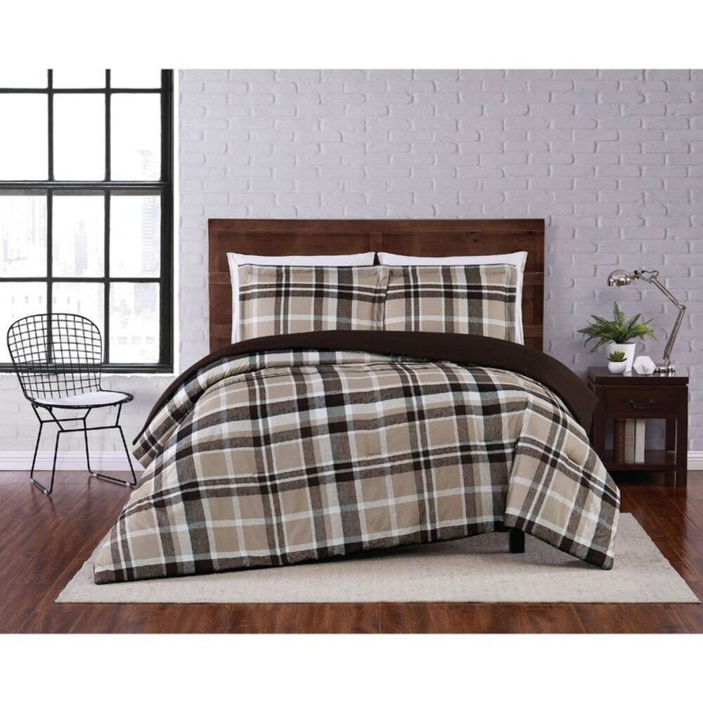Full/Queen 3pc Paulette Plaid Comforter Set Taupe - Truly Soft